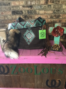 LARGE GYPSY TRAVEL BAG brown leather w bronze Aztec