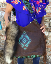 Load image into Gallery viewer, LARGE GYPSY TRAVEL BAG brown leather w bronze Aztec
