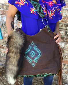 LARGE GYPSY TRAVEL BAG brown leather w bronze Aztec